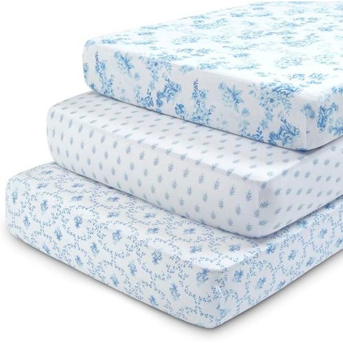 Delta Children Fitted Crib Sheets for Girls and Boys - 100% Organic Cotton Crib Sheet for Standard Crib and Toddler Mattresses - 28x52 Inch - GOTS Certified (Pack of 3), Blue Botanicals