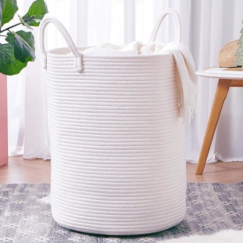 60L Pure White Woven Hamper Laundry Basket Cotton Rope Blanket Basket for Living Room 15Dx20H inches Tall Clothes Hamper for Baby Nursery Kids in Bedroom Large