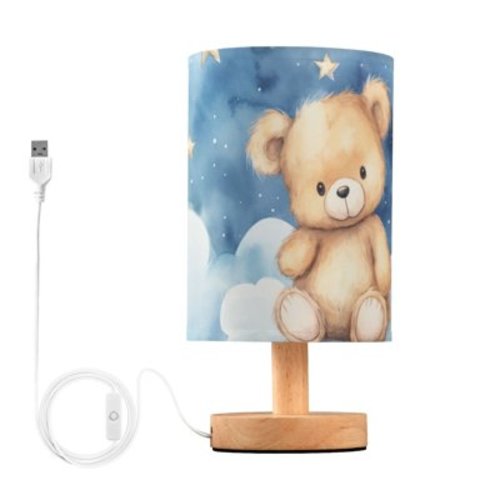 Teddy Bear Stars Table Lamp USB Bedside Desk Nightstand Lamp Printed Gifts Small Lamp Wood Base for Bedroom Living Room Kids Room College Dorm
