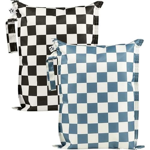 Tiny Twinkle Mess-Proof Waterproof Wet Dry Bag | 2-Pack Reusable Wet Bags for Swimsuits & Baby Clothes | Leakproof Wet Bag for Travel & Diaper Changes for Baby (Blue, Black Checkers)