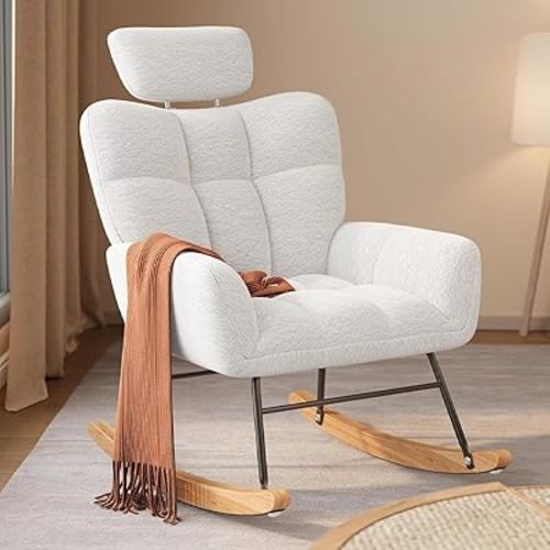 Gizoon Rocking Chair Nursery with Adjustable Headrest, Teddy Upholstered Glider Rocker Accent Chair with High Backrest, Mordern Nursing Chair Recliner for Living Room, Bedroom, Nursery, White