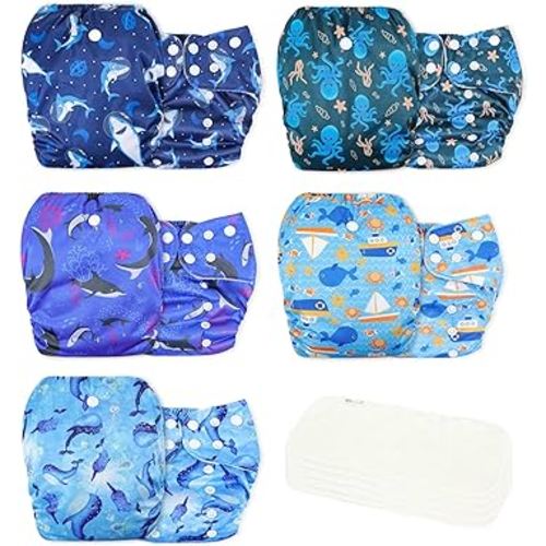 wegreeco Cloth Diapers 5 Pack with 5 Inserts, Washable Cloth Diapers for Babies, One Size Adjustable Reusable Diapers Baby (Ocean Adventure)