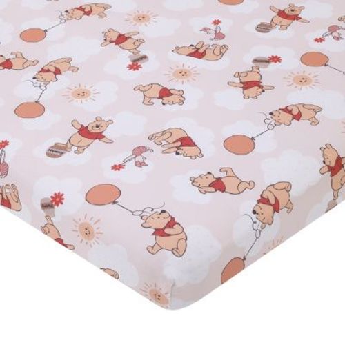 Disney Winnie The Pooh Tan, Red, And White Piglet, Balloons, And Hunny Pots Super Soft Nursery Fitted Mini Crib Sheet