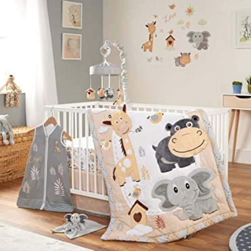 Crib Bedding Set for Boys and Girls, 8 Piece Baby Nursery Bedding Crib Set, Jungle Animal Safari Theme, Gray/Tan/White