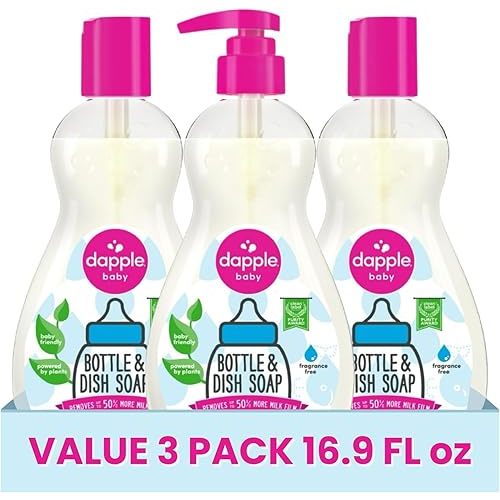 Dapple Baby Fragrance Free Bottle & Dish Soap - (3 Pack) 16.9 fl oz - Cleans Baby Bottles, Sippy Cups, Pacifiers, Breast Pumps, & More - Gently Removes Milk Film & Odors - Includes 1 Pump