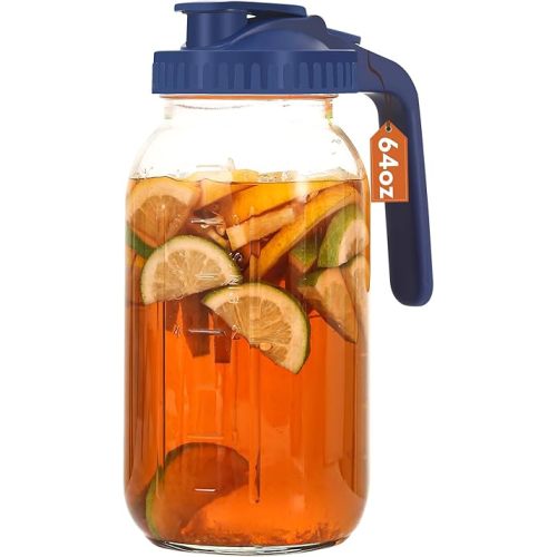 Glass Pitcher with Lid, 64 OZ Mason Jar Pitcher Double Leak Proof, 2 Quart Breast Milk Storage Containers for Fridge, Wide Mouth Glass Jar for Sun Tea, Juice, Cold Brew Coffee
