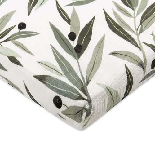 Babyletto 100% Organic Cotton All-Stages Midi Crib Sheet, GOTS-Certified, Fitted 360°, Ultra-Soft and Breathable Muslin - Olive Branches