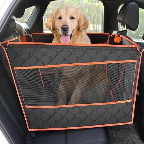 Pecute Dog Car Seat Cover for Back Seat with Hard Bottom, Extra Extender Dog Half Hammock for Large Dogs, Foldable Waterproof Pet Car Half Seat for Back Seat with 3 Visible Mesh for Some Car SUV Truck