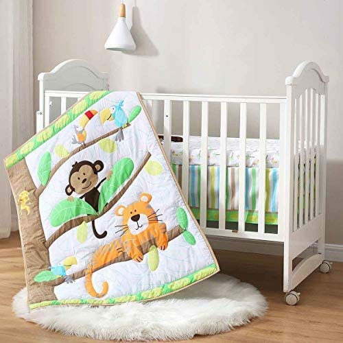 Sweet Baba Organic Cotton 3 PC Crib Set, Neutral for Baby, Safari Woodland Nursery in White/Green