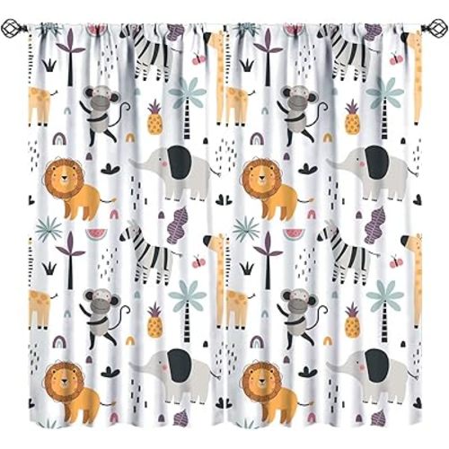Cute Cartoon Animals Curtains Tropical Jungle Animals Elephant Giraffe Monkey Lion Modern Abstract Aesthetics for Kids Boys Bedroom Nursery Rod Pocket Decoration Window Drapes 2 Panels W21xL45in