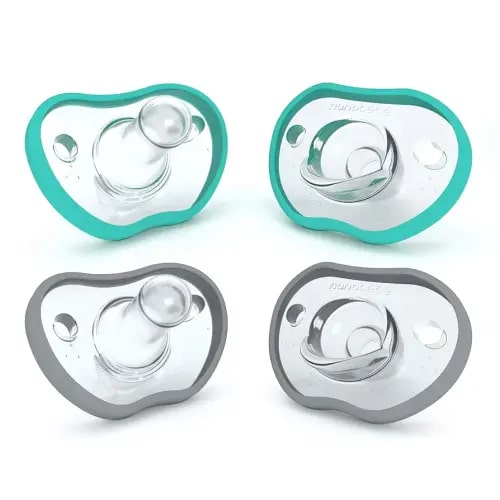 Nanobebe Baby Pacifiers 0-3 Month - Orthodontic, Curves Comfortably with Face Contour, Award Winning for Breastfeeding Babies, 100% Silicone, Baby Registry Gift 4pk,Teal/Grey