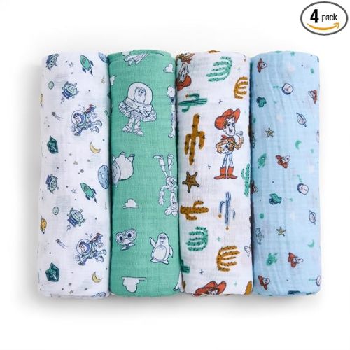 aden + anais Essentials Muslin Swaddle Blankets, Newborn Receiving Blanket for Swaddling, 100% Cotton Baby Swaddle Wrap, 4 Pack, Toy Story