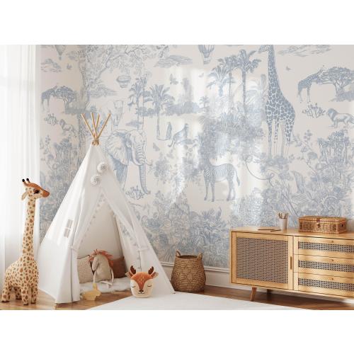 Floral Safari Nursery Mural: Baby Blue Jungle Wallpaper, Peel and Stick or Pre-Pasted