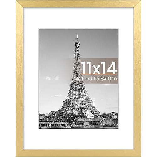upsimples 11x14 Picture Frame, Display Pictures 8x10 with Mat or 11x14 Without Mat, Wall Hanging Photo Frame, Gold, 1 Pack