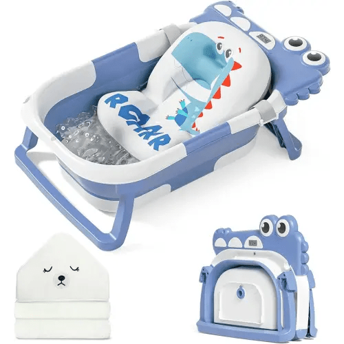 MoreFeel Collapsible Baby Bathtub for Newborn with Thermometer & 1 Hooded Towel & 1 Soft Floating Cushion,Portable Travel Bathtub with Drain Hole, Durable Foldable Baby Tubs for Infants to Toddler