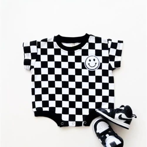 Short Sleeve Bubble Romper | Checkered Smiley Black