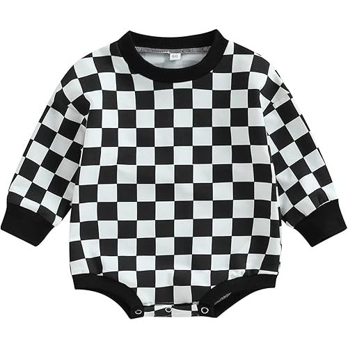 Karuedoo Baby Boy Girl Checkered Sweatshirt Romper Oversized Long Sleeve Bubble Romper Top Neutral Baby Fall Clothes