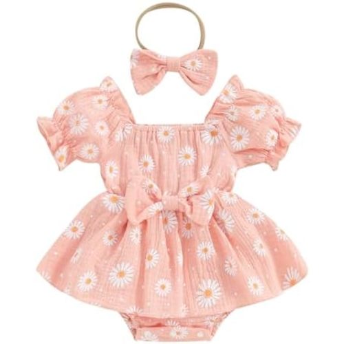 Baby Girls Daisy Romper Bowknot Bodysuit+Headband Short Sleeve Playsuits Floral Jumpsuit Infant Summer Clothes