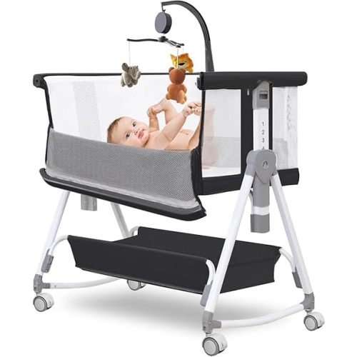 MEICHYUN Baby Bassinet, Baby Bassinet Bedside Sleeper with Musical Toy, All Mesh 7 Height Adjustable Bedside Crib with Storage Basket and Wheels (Black)