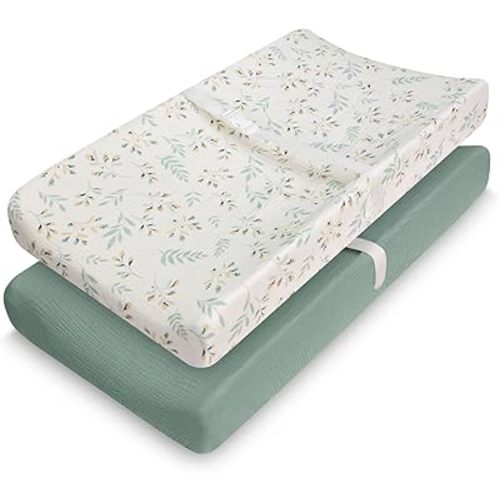 Muslin Changing Pad Cover for Baby Girls Boys, Cotton Natural Comfort Diaper Change Table Pad Covers, Ultra Soft Breathable Boho Changing Pad Sheets, 2Pack (Roman Green)