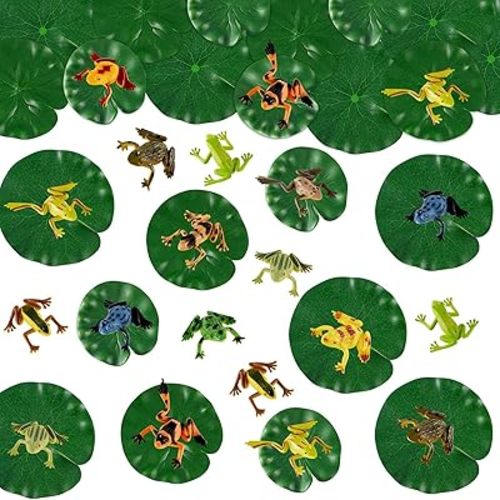 48 Pieces Mini Plastic Frog Toys and Artificial Lily Pads, Include Colorful Realistic Frogs Rainforest Animals Figures Character Toys and Floating Foam Leaves for Pool Decor Party Favor