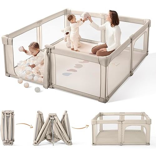 Sweeby Baby Playpen, 59x59 Inch Foldable Playpen with Door, Extra Large Play Yard for Toddlers, Light Khaki
