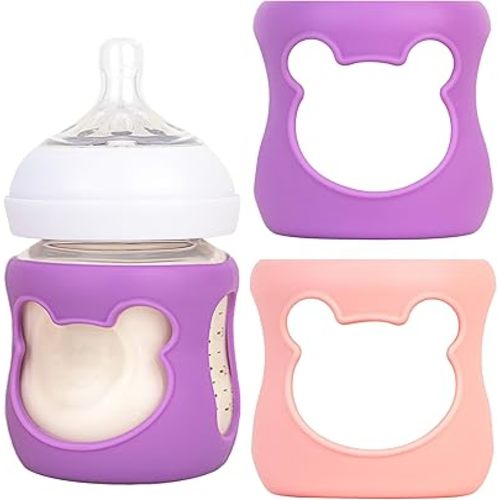 100% Silicone Baby Bottle Sleeves for Philips Avent Natural Glass Baby Bottles, Premium Food Grade Silicone Bottle Cover, Cute Bear Design, 4oz, Pack of 2 (Pink/Purple)