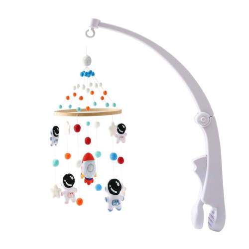 Baby Astronaut Bed Bell with Stars & Rocket Pendants, Wooden Hanging Crib Mobile Toy for Newborns, Nursery & Travel