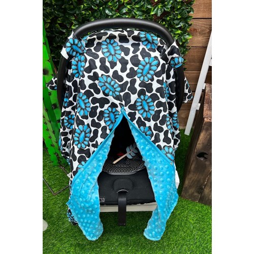 Cow Print, Western, Rodeo, Turquoise Concho Cowgirl Minky Baby Car Seat Cover