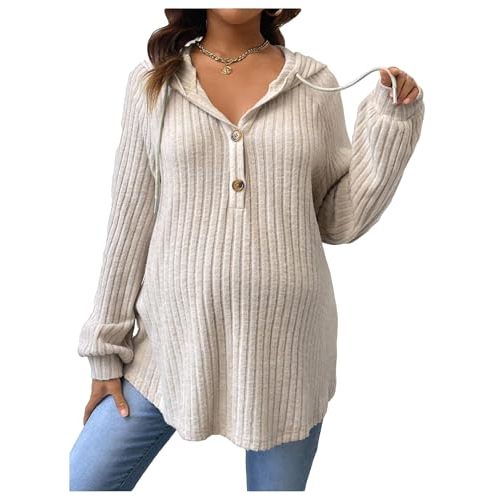 BEAUDRM Women's Maternity Half Button Sweatshirts Long Sleeve Ribbed Knit Drawstring Hoodie
