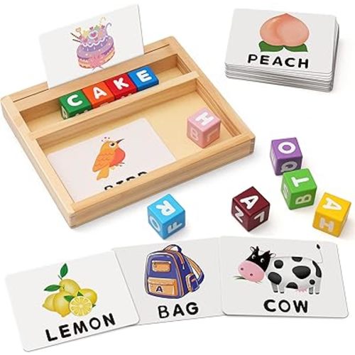 Coogam Wooden Blocks Spelling Game, Color Alphabet Letters Matching Flash Cards ABC Cubes Sight Words Learning Educational Montessori Puzzle Gift for Preschool Kids Boys Girls Age 3 4 5 Years Old