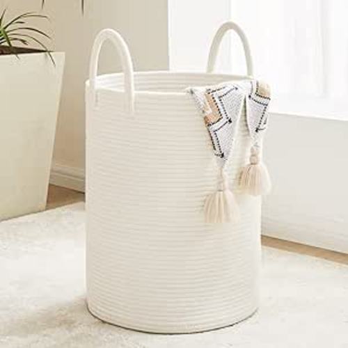 White Woven Rope Laundry Basket, 58L Tall Laundry Basket for Blanket Storage, Large Baby Nursery Hamper for Laundry, Decorative Clothes Hamper for Bedroom, Living Room - Beige - Tall(58L)