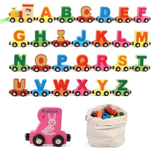 Wondertoys Wooden Alphabet Train Toy 27 PCS Wooden Magnetic Alphabet ABC Train Set Wooden Letter Trains for Toddlers, Compatible with Train Set Tracks Wooden Double-sided Train Toy Include Storage Bag