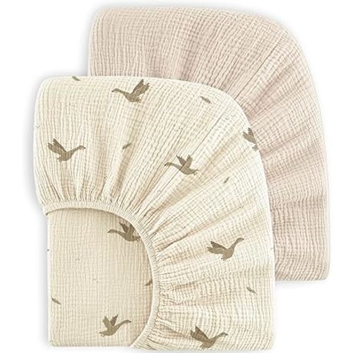 Bearmoss Muslin Crib Sheets - 100% Cotton Baby Crib Sheets Fitted for Standard Crib Mattress & Toddler Bed Mattress 52"x28" Soft Breathable Crib Sheet Neutral for Boys Girls - 2 Pack (Goose White)