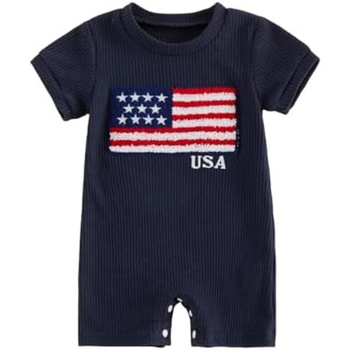 Karuedoo Newborn Infant Baby Boy Girl 4th of July Outfit American Flag Embroidery Striped Waffle Short Sleeve Romper Jumpsuit