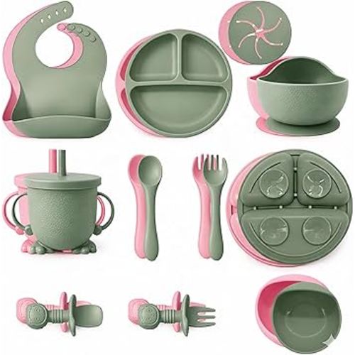 Baby Feeding Set, 2 Pack Silicone Baby Feeding Set with Suction Bowls, Divided Plates, Adjustable Bib, Baby Utensils Spoons, Forks & Cup Complete Baby Eating & Weaning Essentials 16 Pcs (Green & Pink)