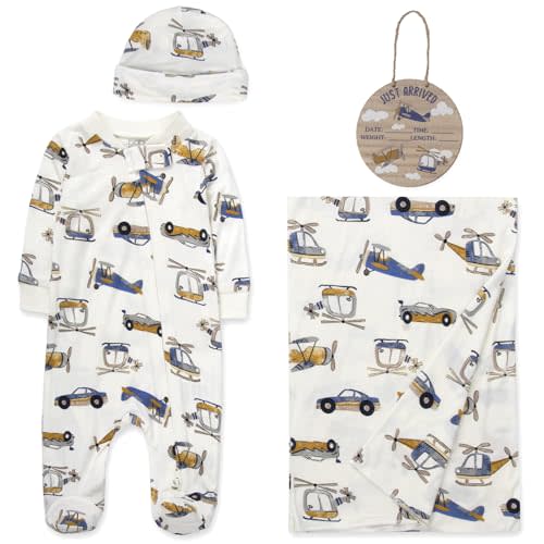Newborn Baby 4 Piece Coming Home Outfit Gift Set – Footie Sleeper, Blanket, Headband & Ornament for Boys & Girls