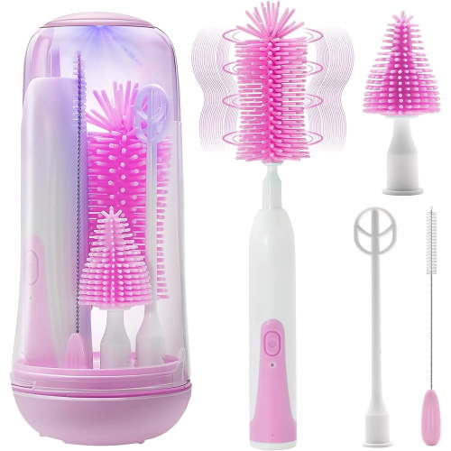 Electric Bottle Brush Cleaner, Rechargable Electric Baby Bottle Brush for Travel, Waterproof Electric Bottle Cleaner Set with Nipple & Straw Brush, Perfect Essentials Gift for Mom After Birth, Purple