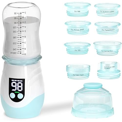 Portable Cordless Baby Bottle Warmer for Travel, Rechargeable with 8 Adapters & 1 Milk Powder Container, Safe Material, Fast Heating, Compatible with Major Brands,Blue