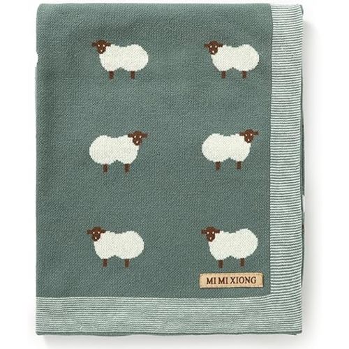 mimixiong Baby Blanket Knit 100% Cotton Toddler Blankets for Boys and Girls with Cute Sheep Size 30 x 40 inches (Dark Green, 30x40 Inch (Pack of 1))