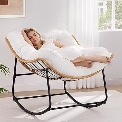Outdoor Rocking Chairs, Oversized Papasan Rocking Chair Indoors with Padded Cushions, Rattan Wicker Lounge Chair for Living Room, Porch, Patio, Garden