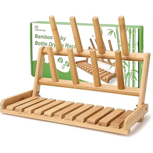Bamboo Baby Bottle Drying Rack, Space Saving Countertop Bottle Holder Portable Dryer Rack Organizer for Baby Bottles, Cups, Pacifiers and Accessories, Birthday Box for Women Mother Mom
