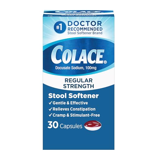 Colace Stool Softener Constipation Relief, 100 mg, 30 Capsules | No.1 Doctor Recommended Stool Softener Brand, Docusate Sodium, Gentle Docusate, Stimulant-Free, Regular Strength