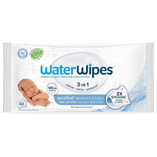 WaterWipes Sensitive+ Newborn & Baby Wipes, 3-In-1 Cleans, Cares, Protects, 99.9% Water, Unscented & Hypoallergenic, 60 Count