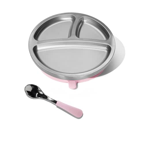 Avanchy Baby Plates with Suction + Spoon – Stainless Steel Divided Plates for Toddlers, BPA-Free, Dishwasher Safe, Unbreakable, Non-Toxic, 100% Silicone Suction – Pink
