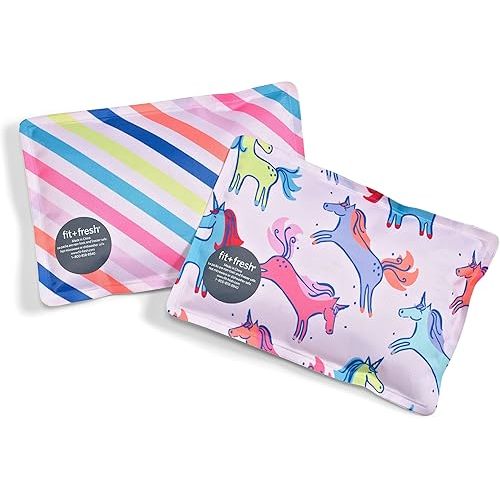 Cool Coolers by Fit & Fresh 2 Pack Soft Ice, Flexible Stretch Nylon Reusable Ice Packs for Lunch Boxes & Coolers, Unicorn Stripe