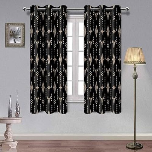 Aztec Western Tribal Blackout Curtains Bull Skull Boho Drapes Native Cowboys Ethnic Rustic Grommets Window Curtain Drapes for Bedroom Kitchen Living Room, 2 Panels, 42x63in