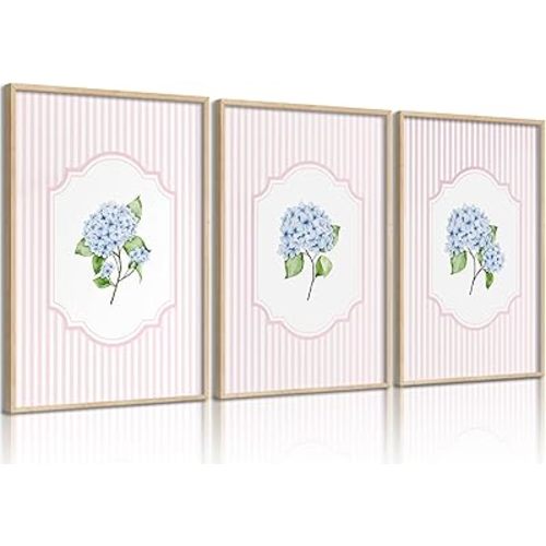 Blue Hydrangea Wall Art Pink Striped Rustic Farmhouse Floral Pictures Wall Decor Cottagecore Botanical Posters Vintage Grandmillenial Flower Painting Print Artwork for Girls Room Dorm, Unframed