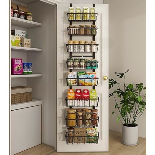 13.8" W Narrow Over The Door Pantry Organizer, Pantry Organization and Storage, Black 8-Tier Metal Hanging Deep Basket Wall Spice Rack Seasoning Shelves, Home & Kitchen Essentials