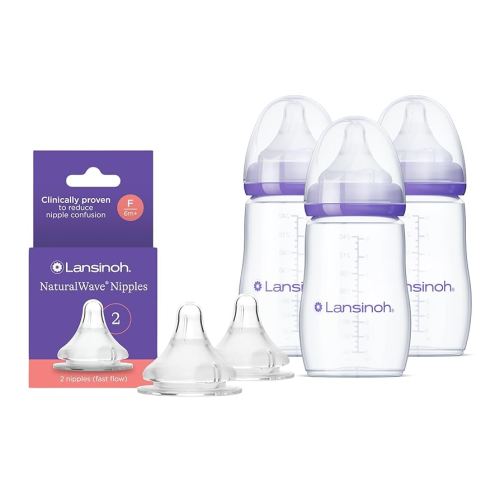 Lansinoh NaturalWave Fast Flow Nipples (2 ct) + 8 oz Anti-Colic Baby Bottles (3 ct) with Medium Flow Nipples, BPA/BPS-Free, Soft Silicone for Comfortable Feeding